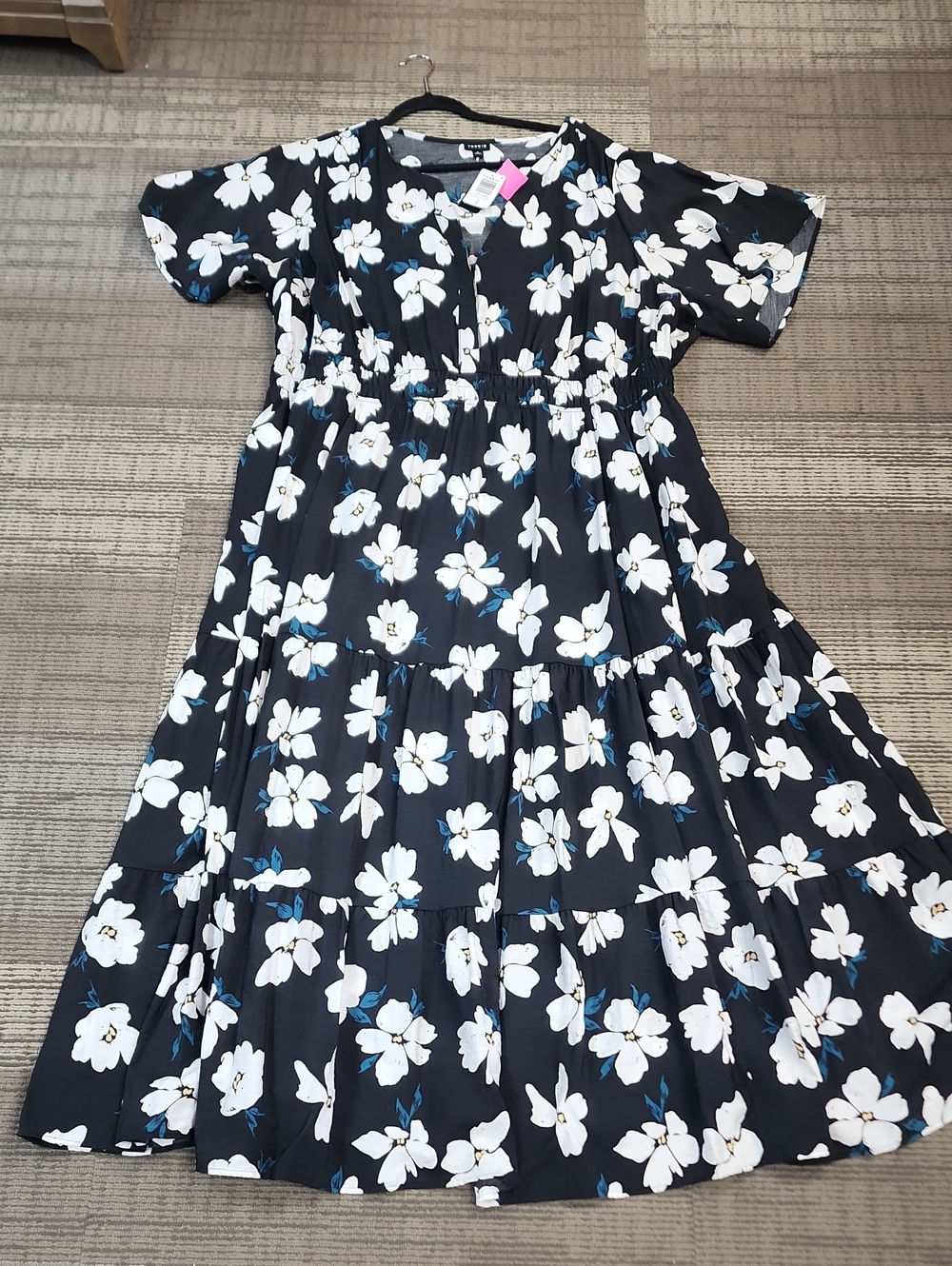 torrid Black Floral Tiered Midi Dress with White Blossoms
